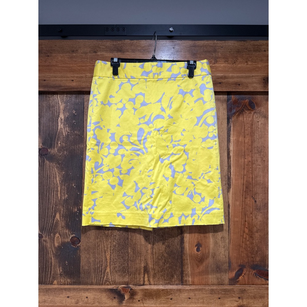 J.Crew Women Yellow Lavender Floral Pencil Skirt Sz 8 Cotton Stretch Knee Length